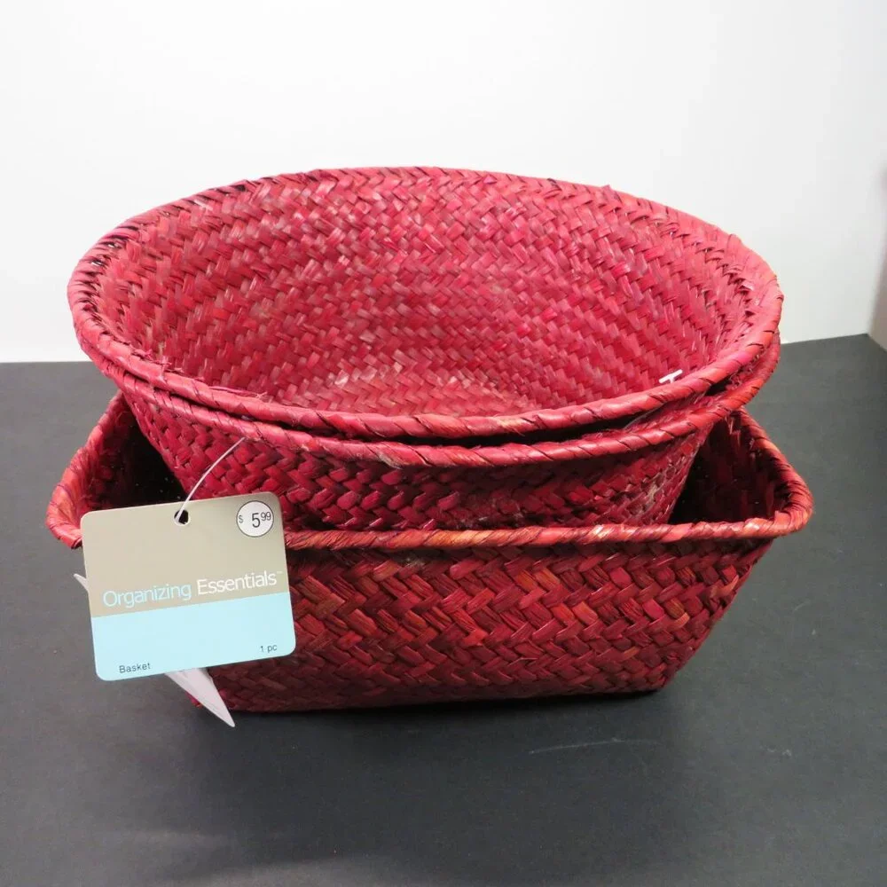 Cranberry Red (3) Woven Baskets NWT 1 square 2 round Christmas Organic Modern